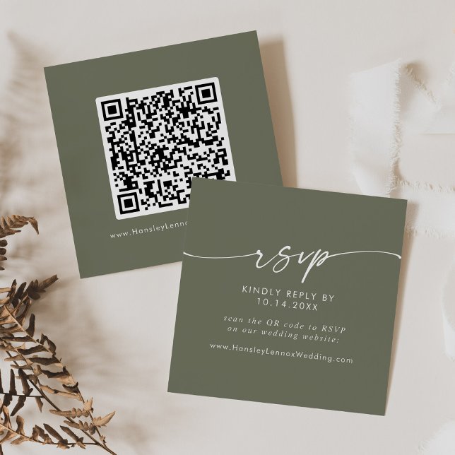 Cartão De Informações Boho Chic Olive Green Casamento QR Code RSVP (Criador carregado)