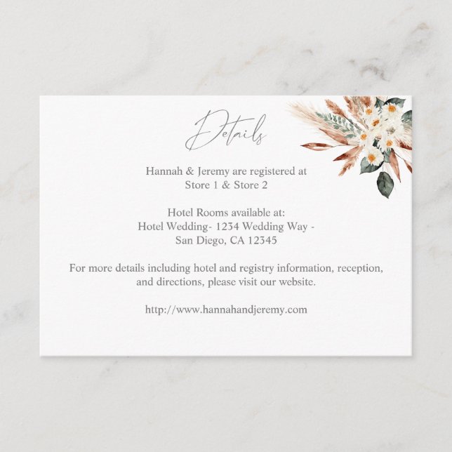 Cartão De Informações Boho Copper Pampas Grass e Floral Detalhes do Casa (Frente)