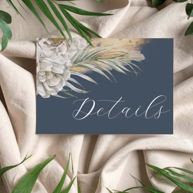 Cartão De Informações Boho Dark Blue Pampas Grass Wedding Details (Criador carregado)