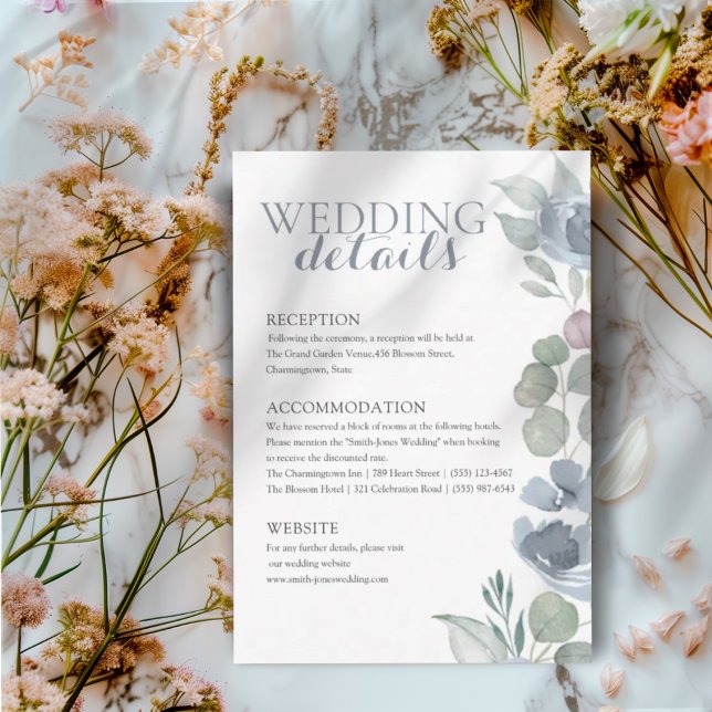 Cartão De Informações Boho Dusty Blue Floral Details Wedding (Criador carregado)