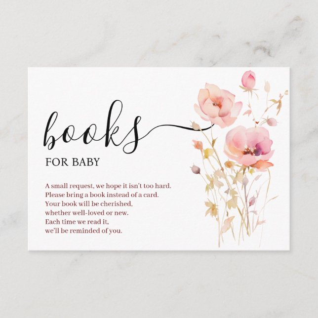 CARTÃO DE INFORMAÇÕES BOHO ELEGANTE PINK BLUSH FLOWERS LIVROS PARA BEBÊ (Frente)