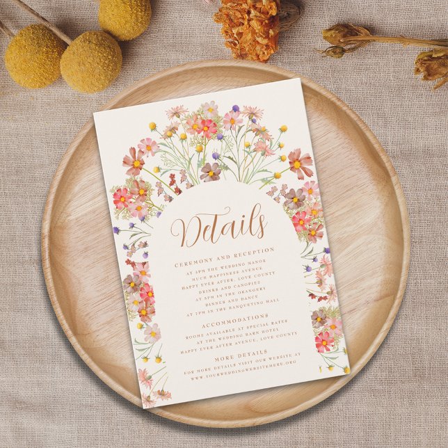 Cartão De Informações Boho Fall Floral Terracotta Detalhes do casamento (Boho fall wildflower floral arch wedding details enclosure card terracotta burnt orange beige )