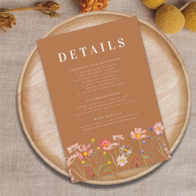 Cartão De Informações Boho Fall Floral Terracotta Detalhes do Casamento (Terracotta Wildflower boho fall Wedding details enclosure card with ceremony reception accommodation)