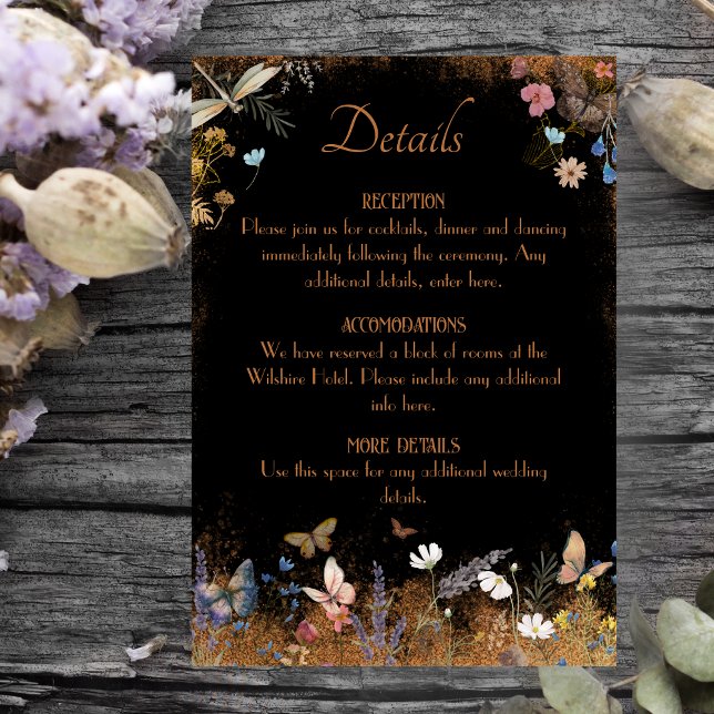 Cartão De Informações Boho Floral Black Butterfly Jardim Casamento (Criador carregado)