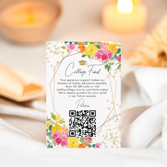 Cartão De Informações Boho Floral Dourado Graduação QR College (Boho Floral Gold Graduation QR College fund Enclosure Card)