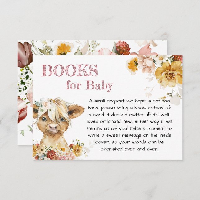 Cartão De Informações Boho Floral Highland Cow Books Para Bebê (Frente/Verso)