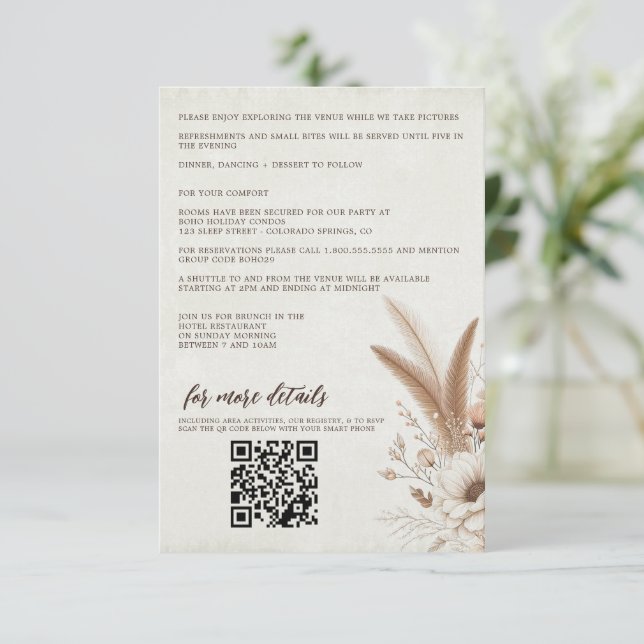 Cartão De Informações Boho Floral Neutro com Código QR e Detalhes Casame (Em pé/Frente)