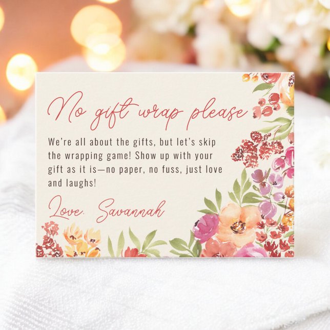 Cartão De Informações Boho Floral Pintado No Envoltório de Presente Chá  (Boho Painted Floral No Gift Wrap Bridal Shower Enclosure Card)