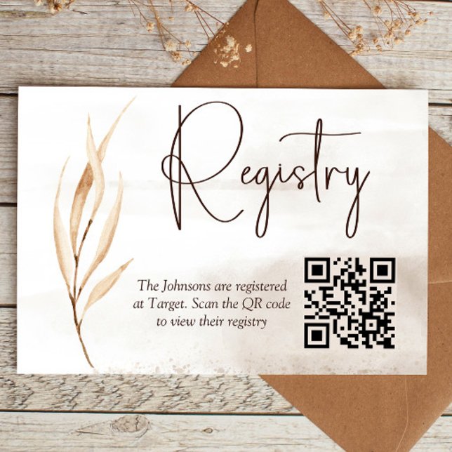 Cartão De Informações Boho Florals Secas Baby/Child Chá Registry (registry enclosure card with QR code that links to registry. Boho dried floral design)