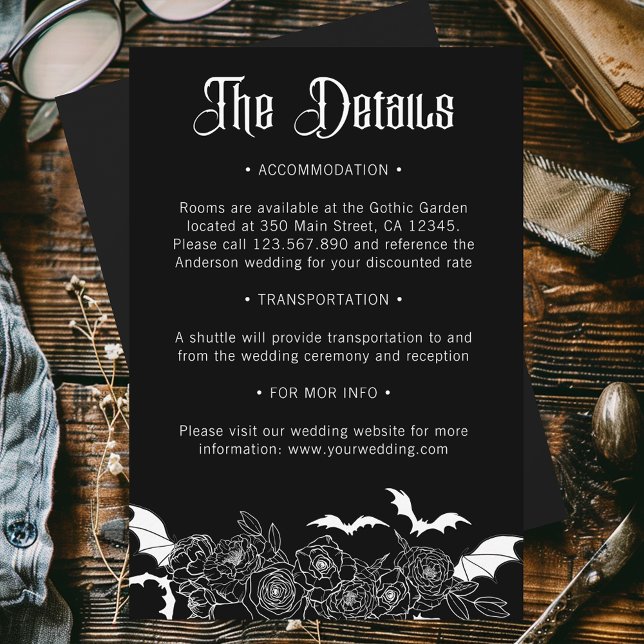 Cartão De Informações Boho Gothic Botanical Black Wedding Details (Criador carregado)