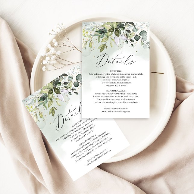 Cartão De Informações Boho greenery folaige leaves gold wedding details (Watercolor boho greenery foliage eucalyptus gold wedding details card editable template, Digital Pri)