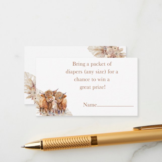 Cartão De Informações Boho Highland Cow pampas fralda rifa (Frente/Verso In Situ)