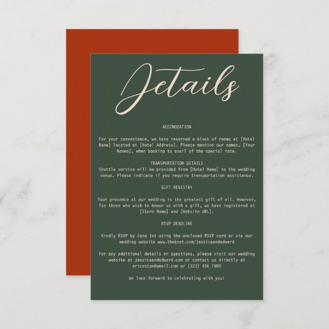 Cartão De Informações Boho Laranja Verde Casamentos Detalhes do Código Q (Frente/Verso)