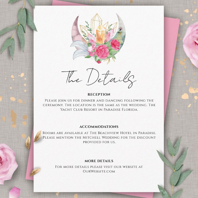 Cartão De Informações Boho Lua Cristais Penas Flores Rosa Casamento  (Criador carregado)