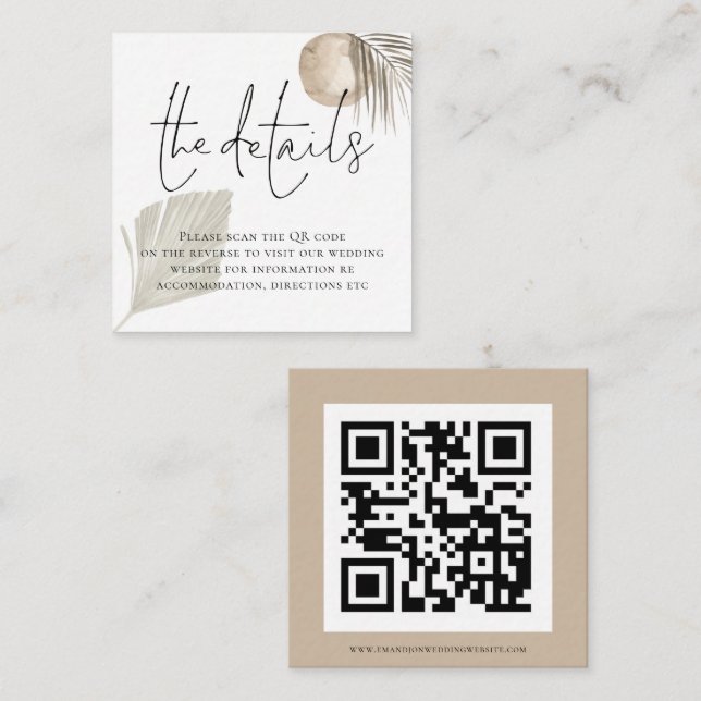 Cartão De Informações Boho Pampas Grass Código QR Detalhes de Casamento (Frente/Verso)