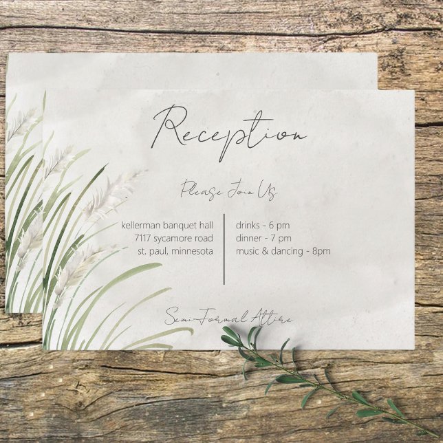 Cartão De Informações Boho Pampas Grass Minimal Modern Reception Card (Criador carregado)