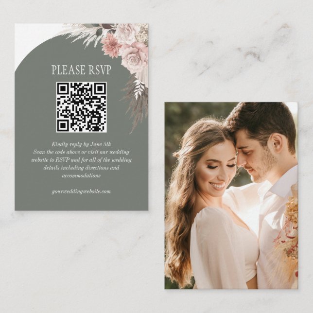 Cartão De Informações Boho Pampas Grass Sage Website de Casamento QR Cod (Frente/Verso)