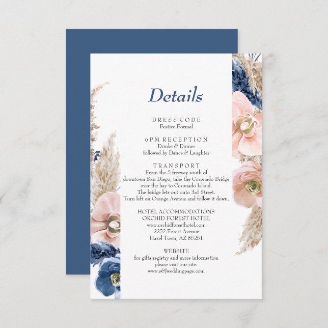 Cartão De Informações Boho pastel azul & blush chic floral Wedal (Frente/Verso)
