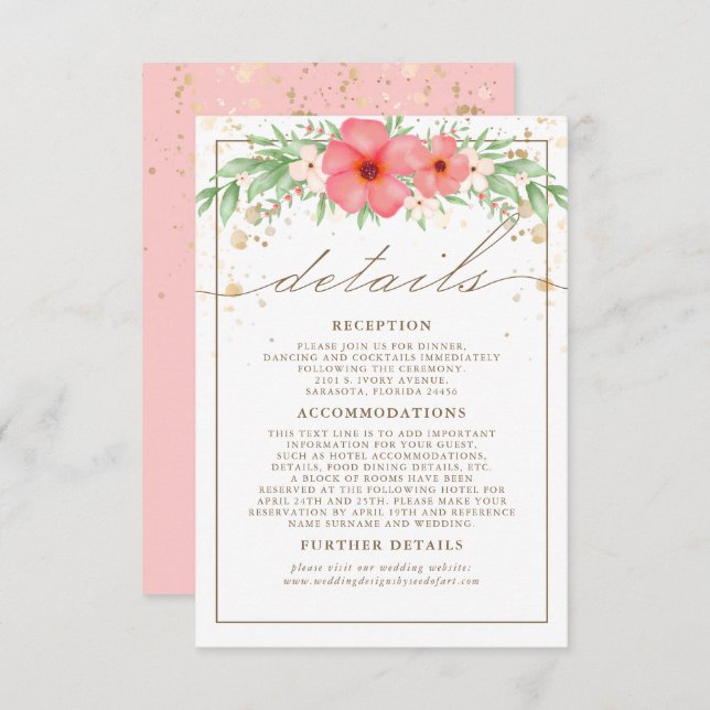 Cartão De Informações Boho Pink & Ivory Greenery Detalhes do Casamento F (Frente/Verso)