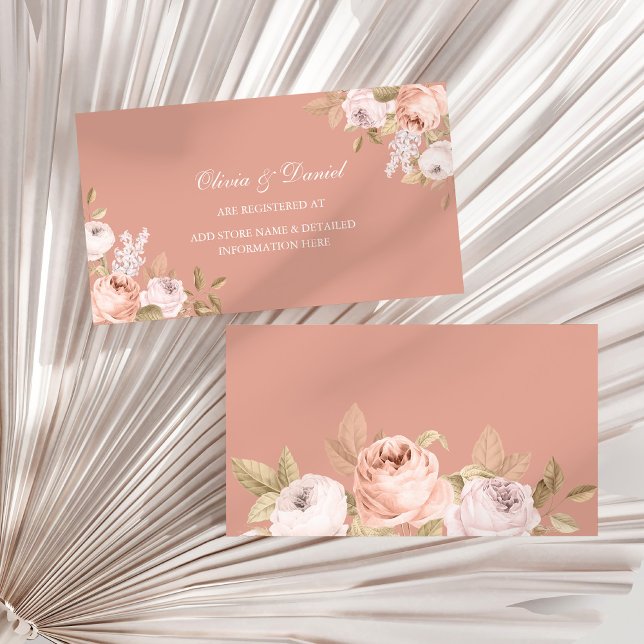 Cartão De Informações Boho Pink Peonies Weding Registry Card (Boho Pink Peonies Wedding Registry Card on a sunny dry palm leaf.)