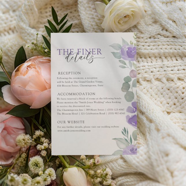Cartão De Informações Boho Purple Floral Wedding Details  (Criador carregado)