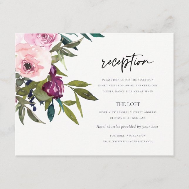 CARTÃO DE INFORMAÇÕES BOHO ROSÉ BORGONHA FLORAL RAMO CASAMENTO RECEÇÃO (Frente)