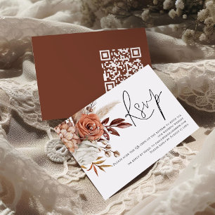 Cartão De Informações Boho Rust Florals Script QR Code Weding RSVP