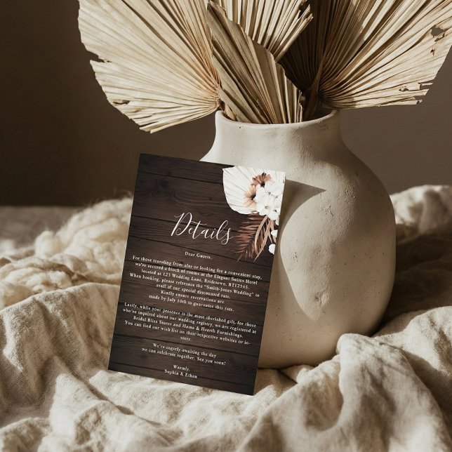 Cartão De Informações Boho Rustic Neutral Flowers Detalhes De Casamento  (Criador carregado)