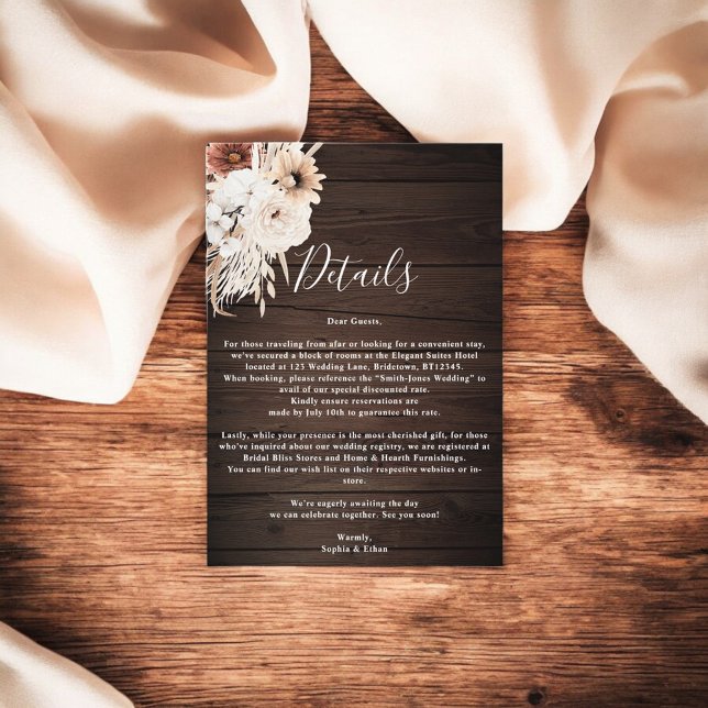 Cartão De Informações Boho Rustic Wood Flowers Detalhes De Casamento (Criador carregado)