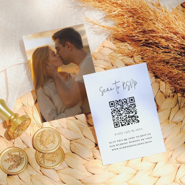 Cartão De Informações Boho Script Moderno Código QR Foto RSVP Casamento (Criador carregado)
