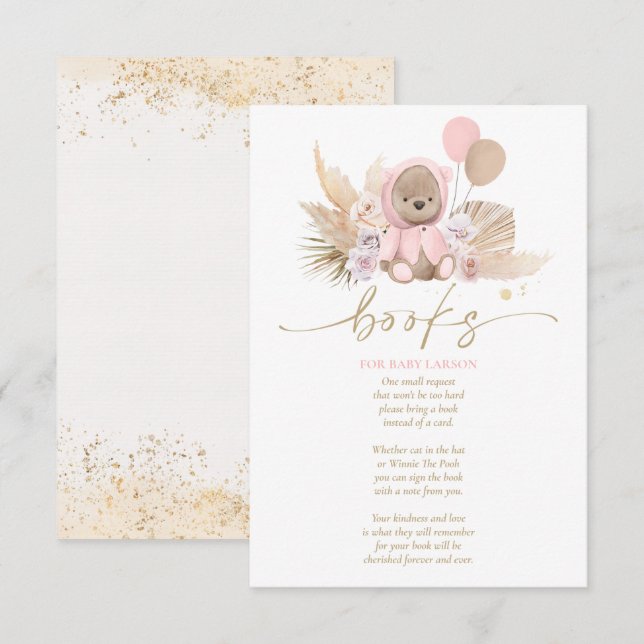 Cartão De Informações Boho Teddy Bear Livros De Chá de fraldas Rosa Para (Frente/Verso)