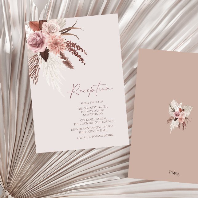 Cartão De Informações Boho Terracotta Pampas Casamento Floral (Boho Dusty Pink Dried Flowers Wedding Reception Enclosure Card)