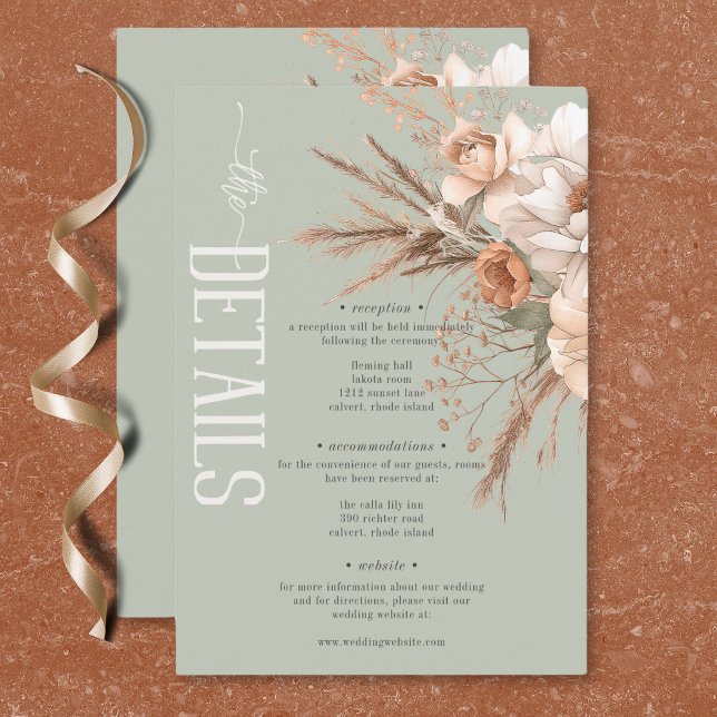 Cartão De Informações Boho Terracotta Peach & Cream Floral Green Details (Boho Terracotta Peach & Cream Floral Green Details Enclosure Card)