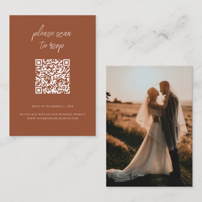 Cartão De Informações Boho Terracotta QR Código Foto Casamento RSVP (Frente/Verso)