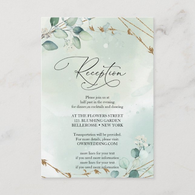 Cartão De Informações Boho Verde Folhas de Eucalipto Moldura Dourada Fal (Frente)