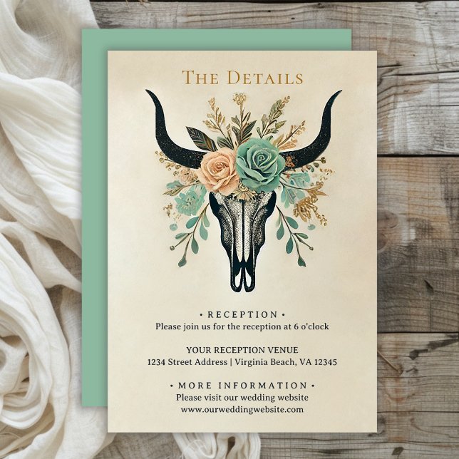 Cartão De Informações Boho Western Floral Bull Cow Skull (Boho Floral Bull Skull Wedding Details Enclosure Card)
