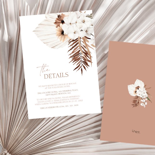 Cartão De Informações Boho White Orchids Pampas Grass Detalhes Do Casame (Boho Terracotta Brown Dried Floral Wedding Details Enclosure Card)