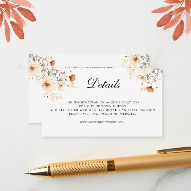 Cartão De Informações Boho Wildflower Beige Código QR Detalhes do Casame (Boho Wildflowers in shades of beige rust and terracotta Wedding details enclosure card)