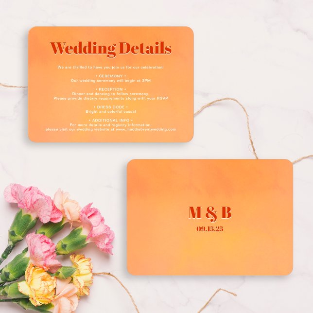 Cartão De Informações Bold Chic Orange Sunset Monogram Wedding Details (Criador carregado)