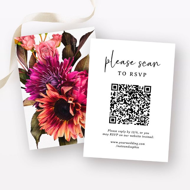 Cartão De Informações Bold Floral Wedding | RSVP com código QR (Criador carregado)