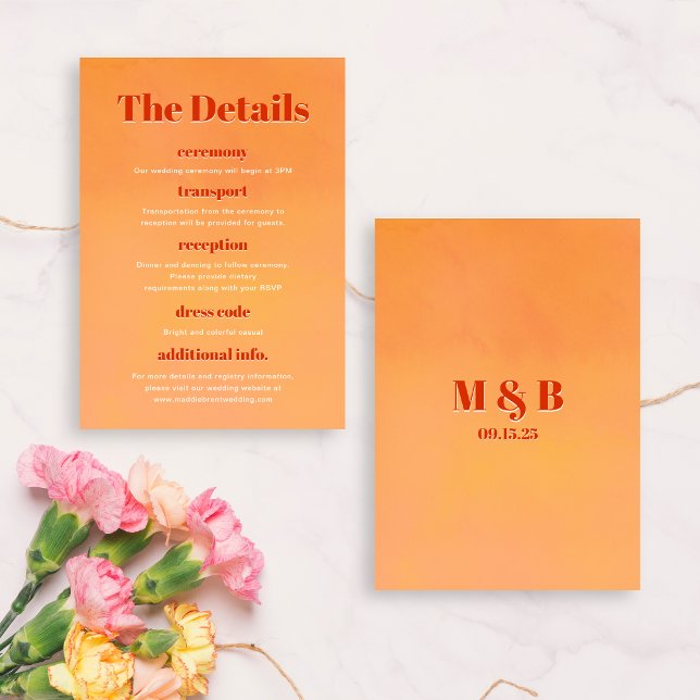 Cartão De Informações Bold Modern Orange Sunset Monogram Wedding Details (Criador carregado)