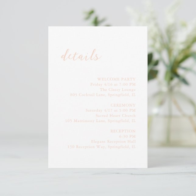 Cartão De Informações Bold Script Peach Elegant Wedding (Em pé/Frente)