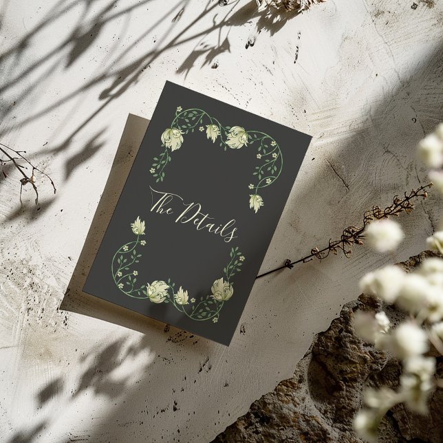 Cartão De Informações Bonito arte nouveau flores brancas Detalhes (Dark background Art Nouveau style pretty flowers frame with "The Details" written in elegent script)