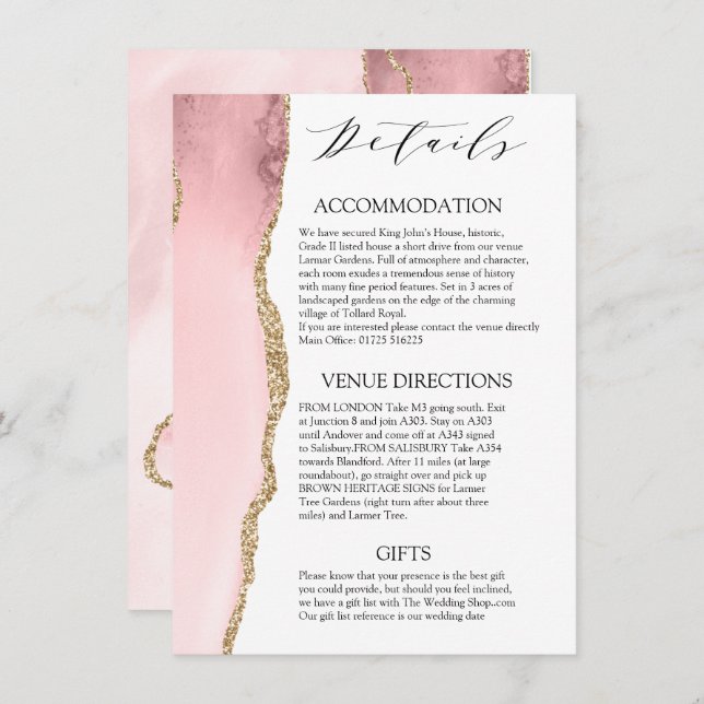 Cartão De Informações Bonito Blush Pink Agate Detalhes do casamento Mode (Frente/Verso)