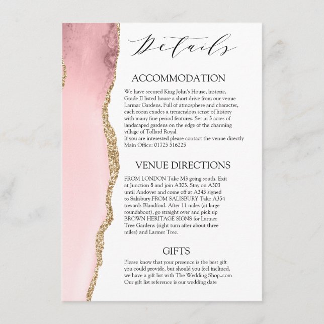 Cartão De Informações Bonito Blush Pink Agate Detalhes do casamento Mode (Frente)