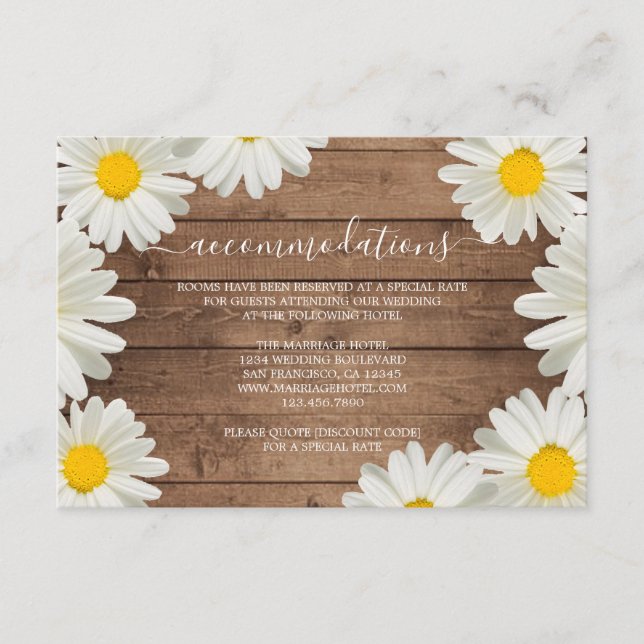 Cartão De Informações Bonito Daisies Rustic Wood Wedding Information (Frente)