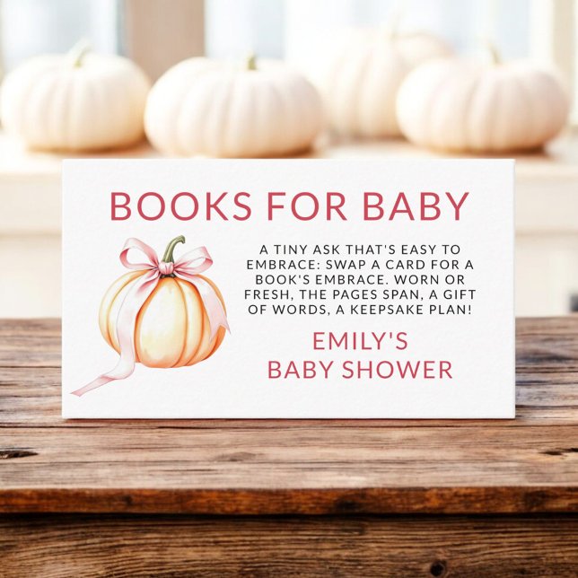 Cartão De Informações Books For Baby Shower Pink Bow Pumpkin  (Criador carregado)