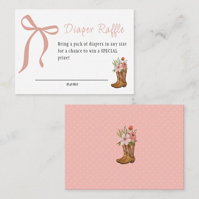 Cartão De Informações Boots and Bows Baby Girl Shower Diaper Raffle (Frente/Verso)