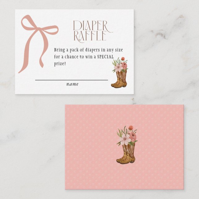 Cartão De Informações Boots and Bows Baby Girl Shower Diaper Raffle (Frente/Verso)