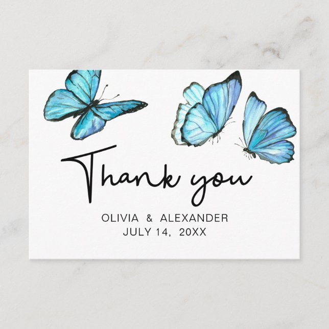 Cartão De Informações Borboletas românticas azuis de aquarela Obrigado E (Frente)